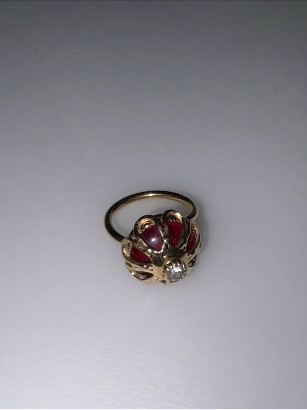 Sarah Coventry Gold-Tone Ring with Red Enamel Petals and Clear Center Stone